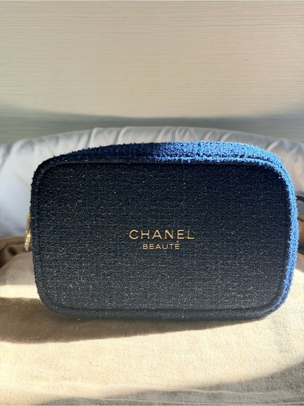 CHANEL Tweed Beauté Cosmetic Pouch in Navy with Gold Logo